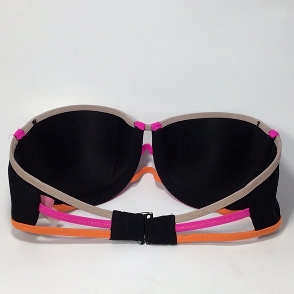 Victoria’s Secret Blk Strapless Colorblock Neon Pink Orange Bikini Top Size 32 C - Picture 2 of 7